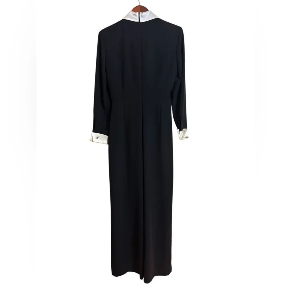 Vintage Jones of New York Black Wide Leg Jumpsuit White Satin Trim Long Sleeve 4 - Picture 3 of 10